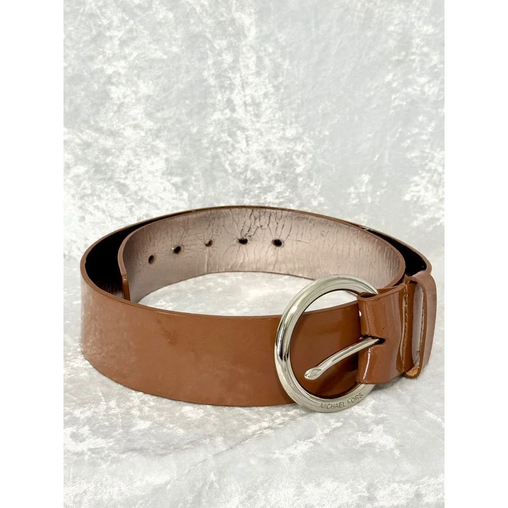 Michael Kors Womens Lug Brown Patent Leather Wide Belt Silver Buckle Med NWT
